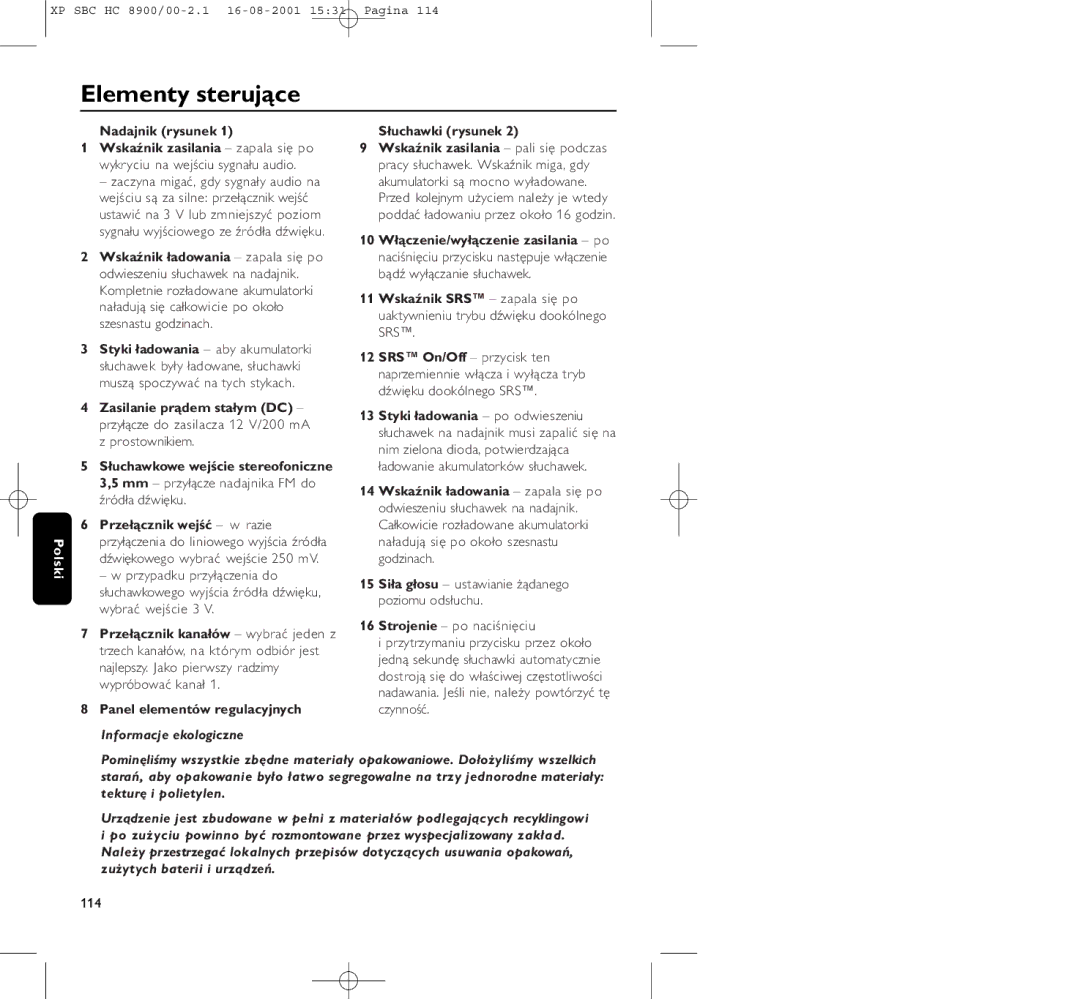 Philips HC8900 manual Elementy sterujące, Nadajnik rysunek, 114 