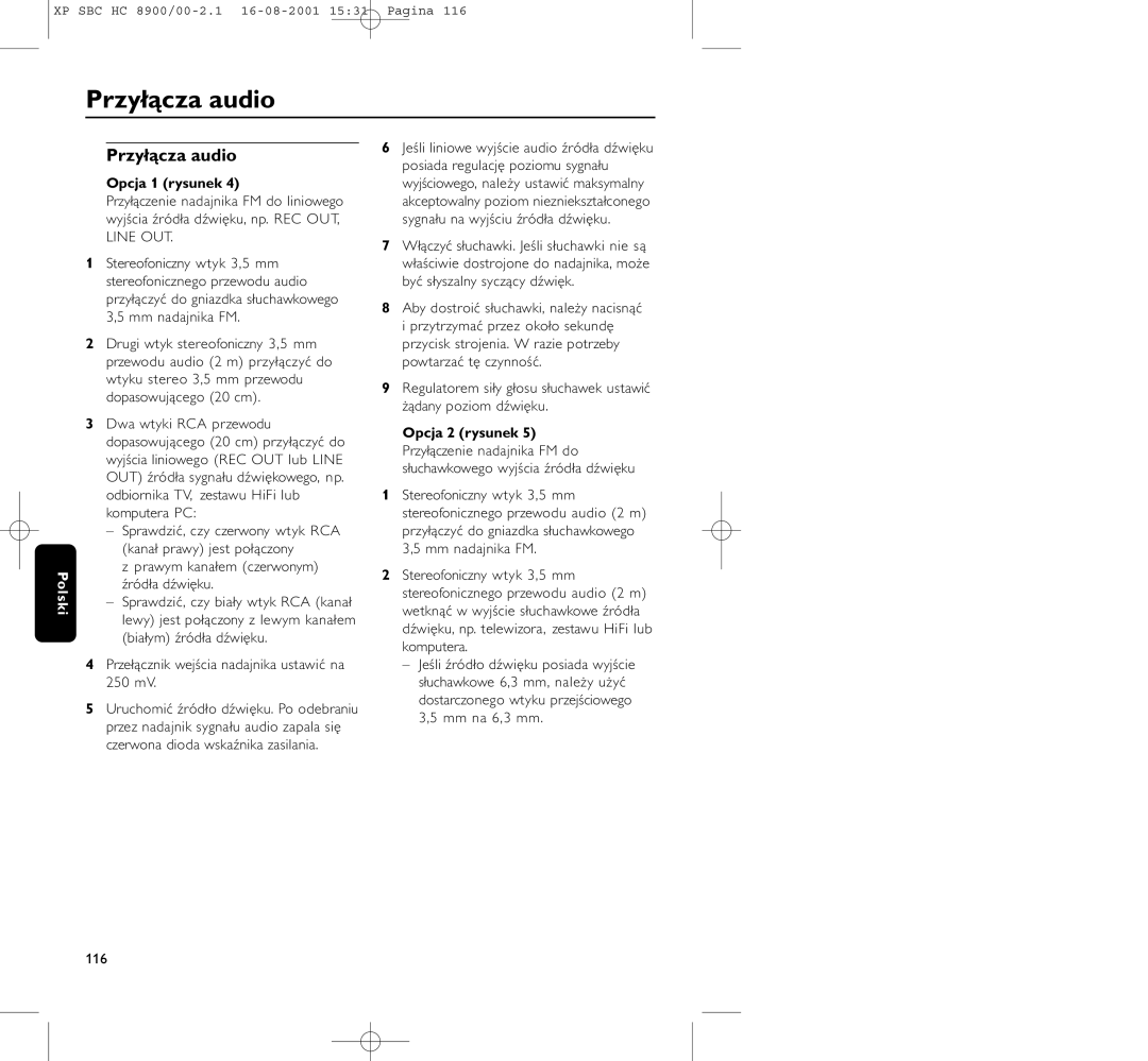 Philips HC8900 manual Przyłącza audio, Opcja 1 rysunek, Opcja 2 rysunek, 116 