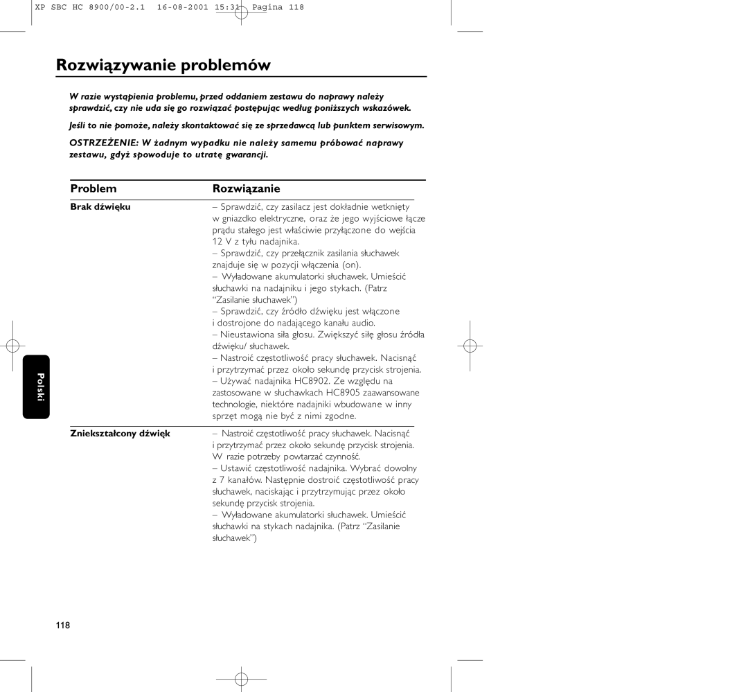 Philips HC8900 manual Rozwiązywanie problemów, Problem Rozwiązanie, Brak dźwięku, Zniekształcony dźwięk 