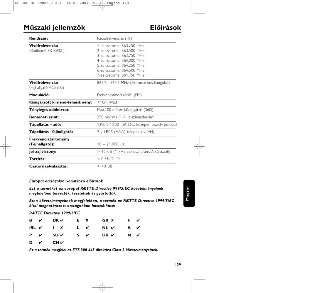 Philips HC8900 manual Műszaki jellemzők, Előírások 