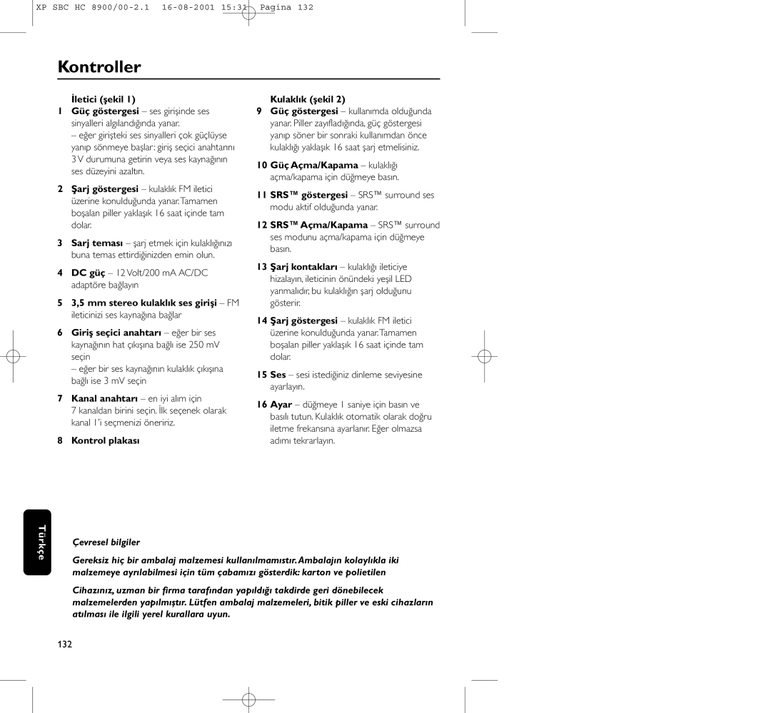 Philips HC8900 manual İletici şekil, Kontrol plakası Kulaklık şekil, Çevresel bilgiler 