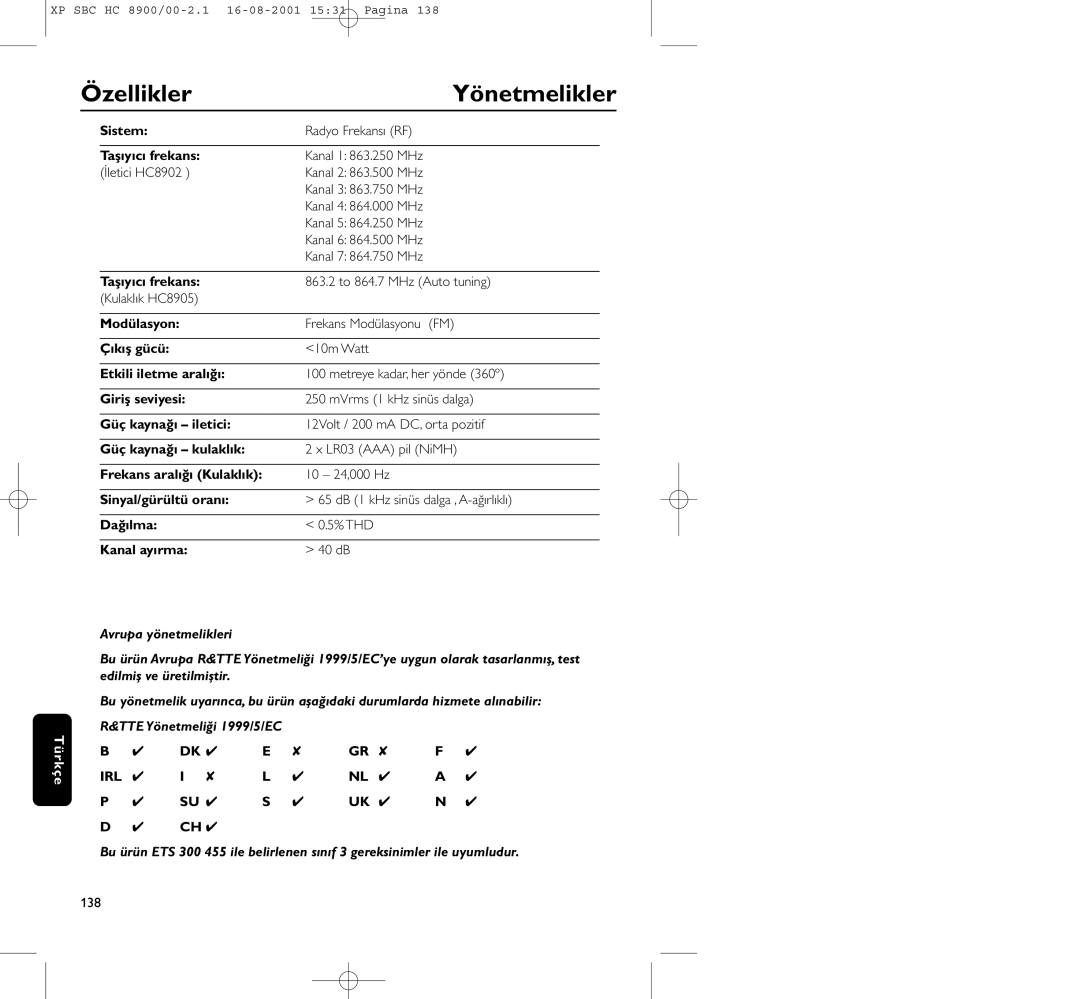 Philips HC8900 manual Özellikler Yönetmelikler 