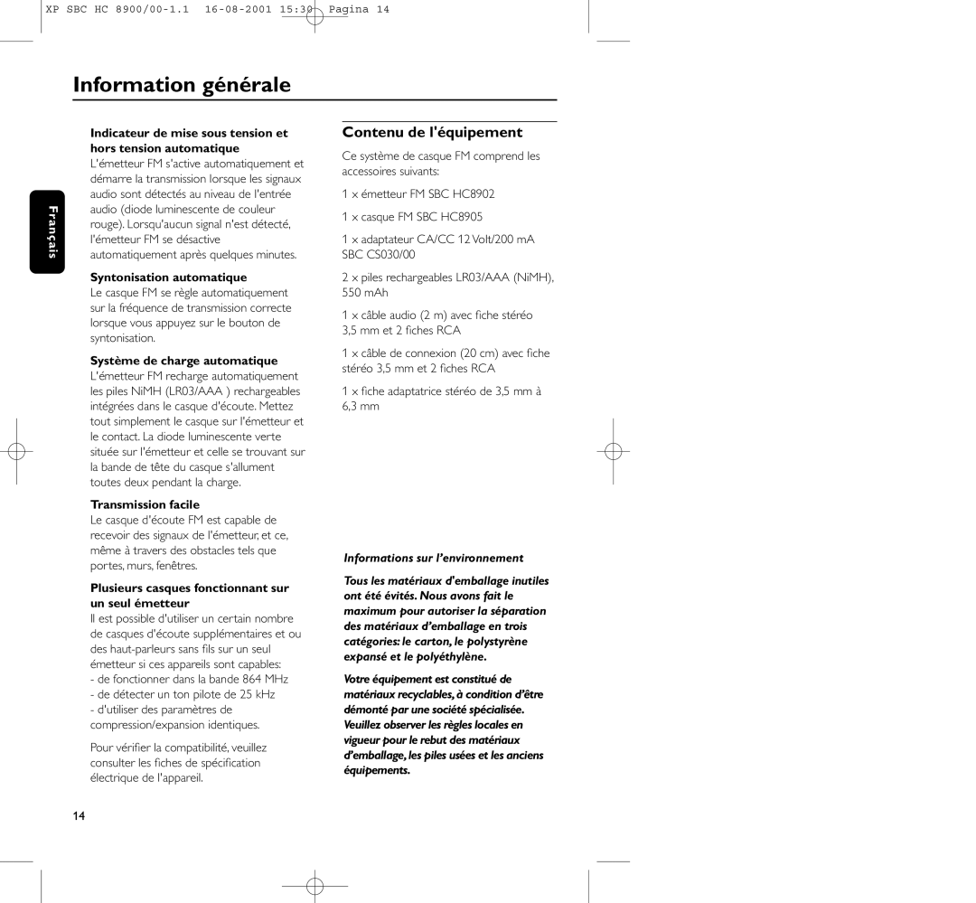 Philips HC8900 manual Contenu de léquipement, Informations sur l’environnement 