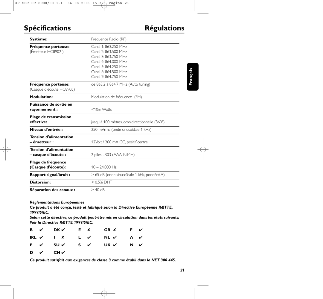 Philips HC8900 manual Spéciﬁcations, Régulations 