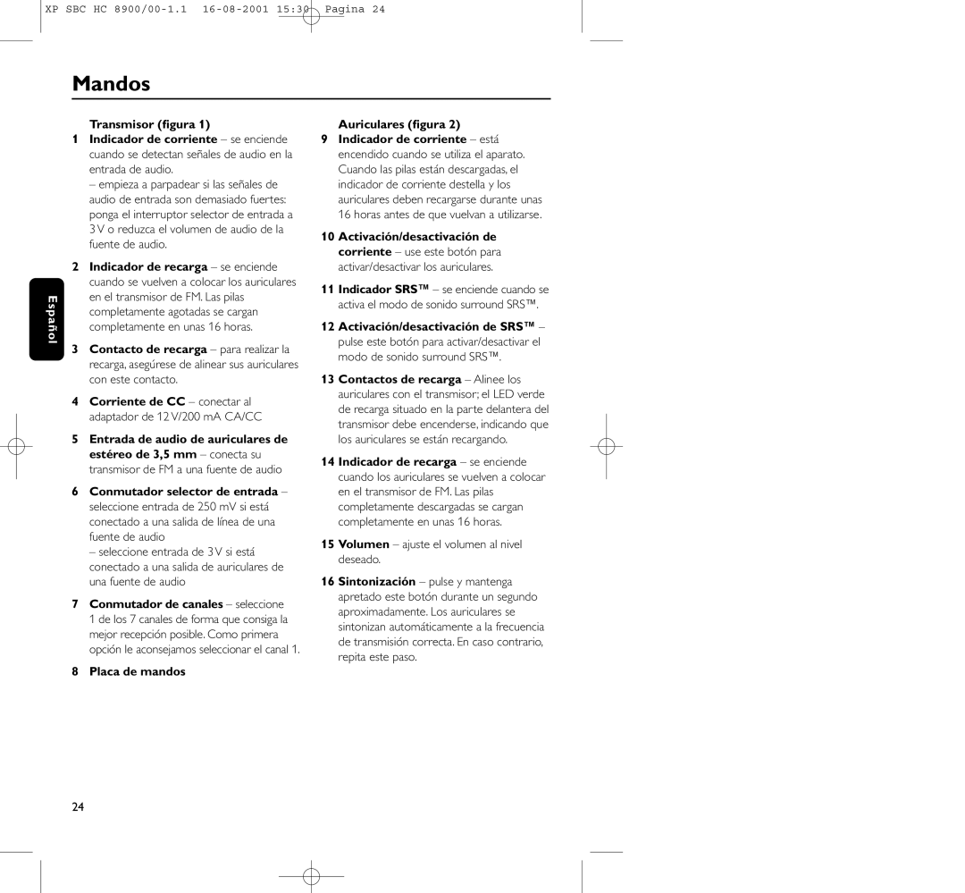 Philips HC8900 manual Mandos, Transmisor ﬁgura, Conmutador de canales seleccione, Placa de mandos Auriculares ﬁgura 