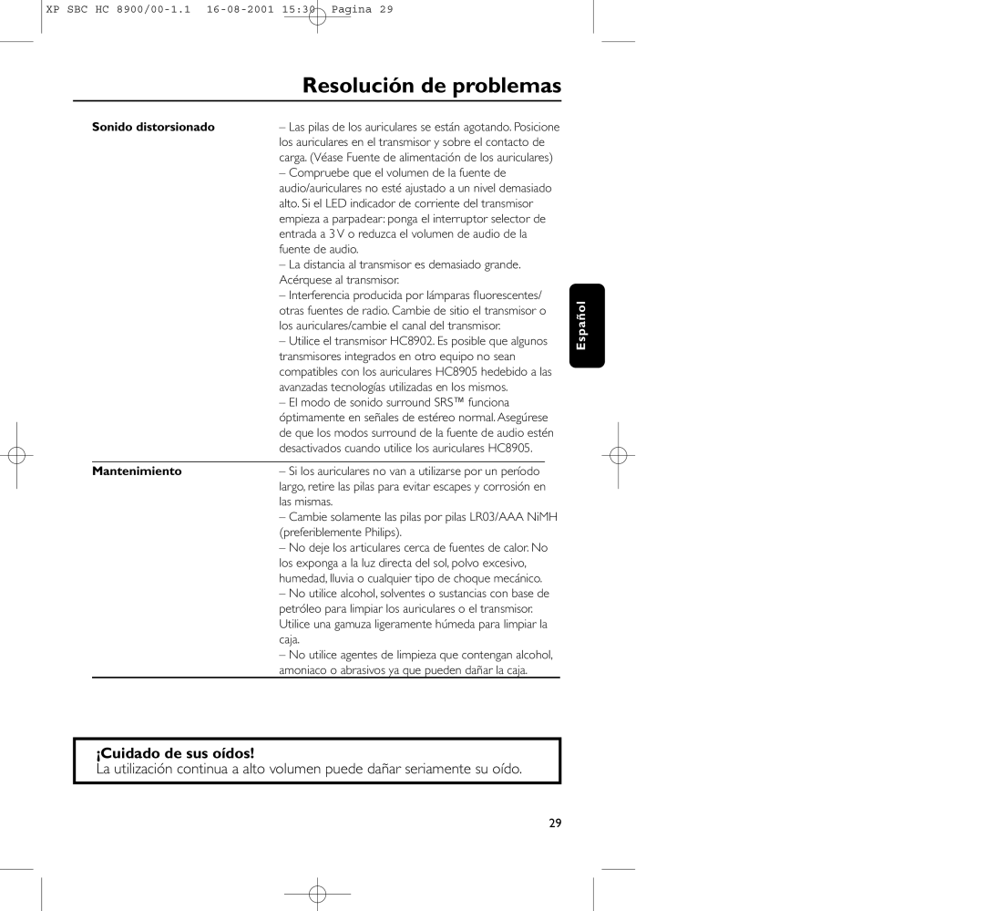 Philips HC8900 manual Resolución de problemas, ¡Cuidado de sus oídos, Mantenimiento 