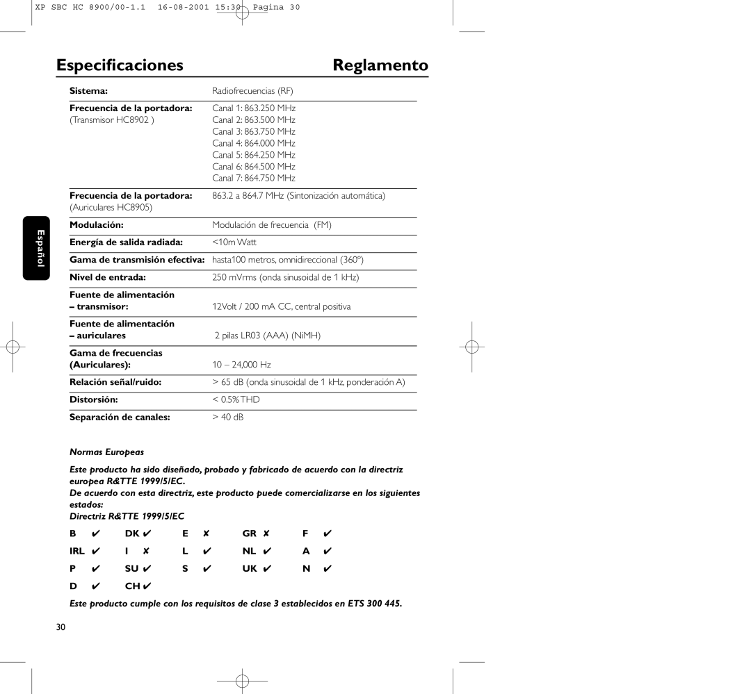 Philips HC8900 manual Especiﬁcaciones Reglamento 