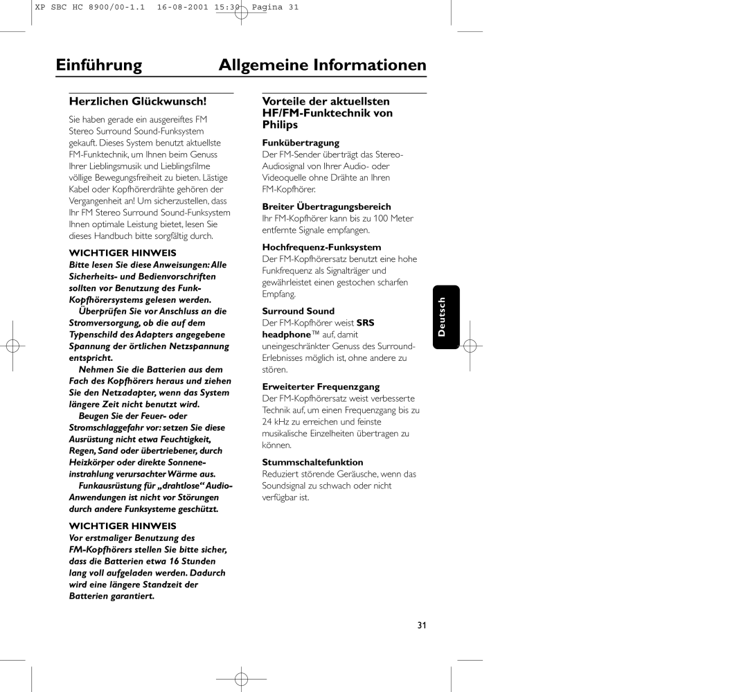 Philips HC8900 manual Einführung Allgemeine Informationen, Herzlichen Glückwunsch 