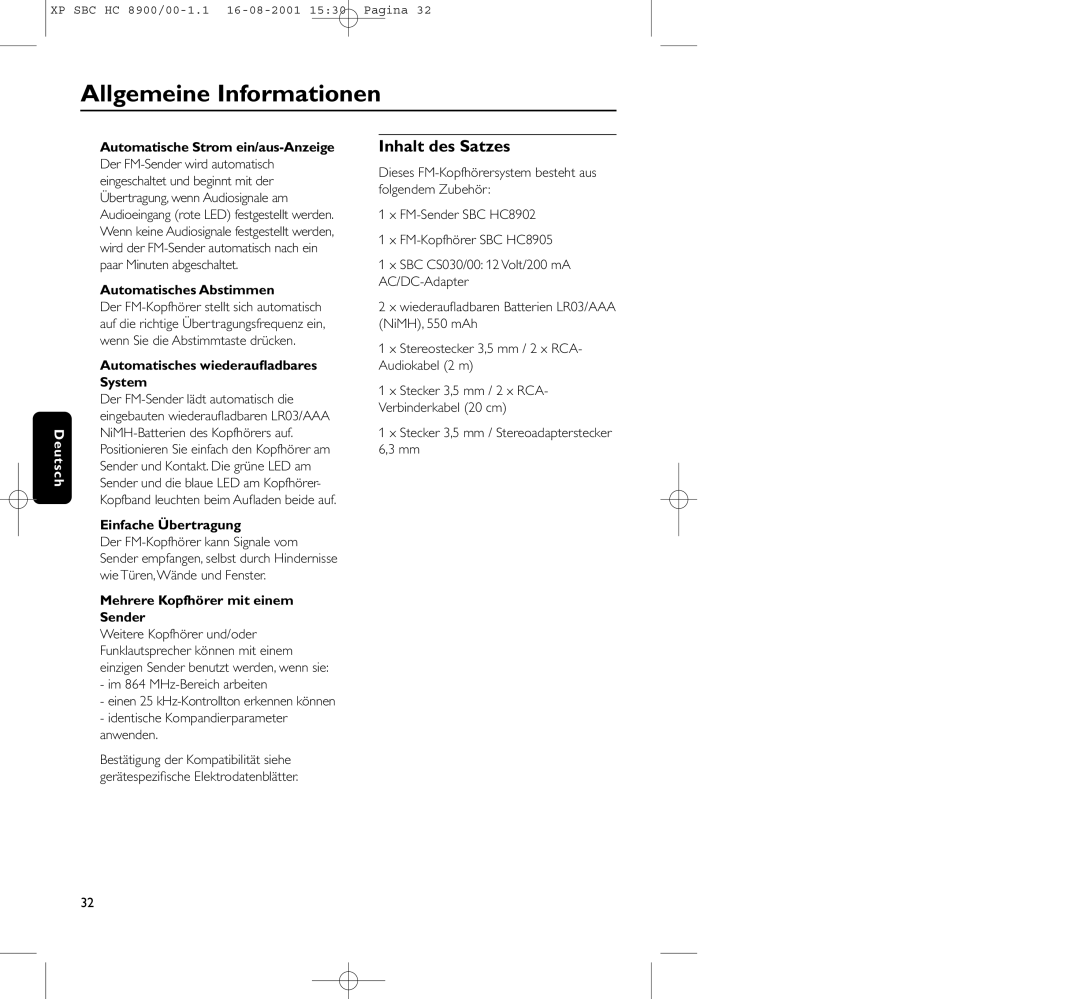 Philips HC8900 manual Inhalt des Satzes 