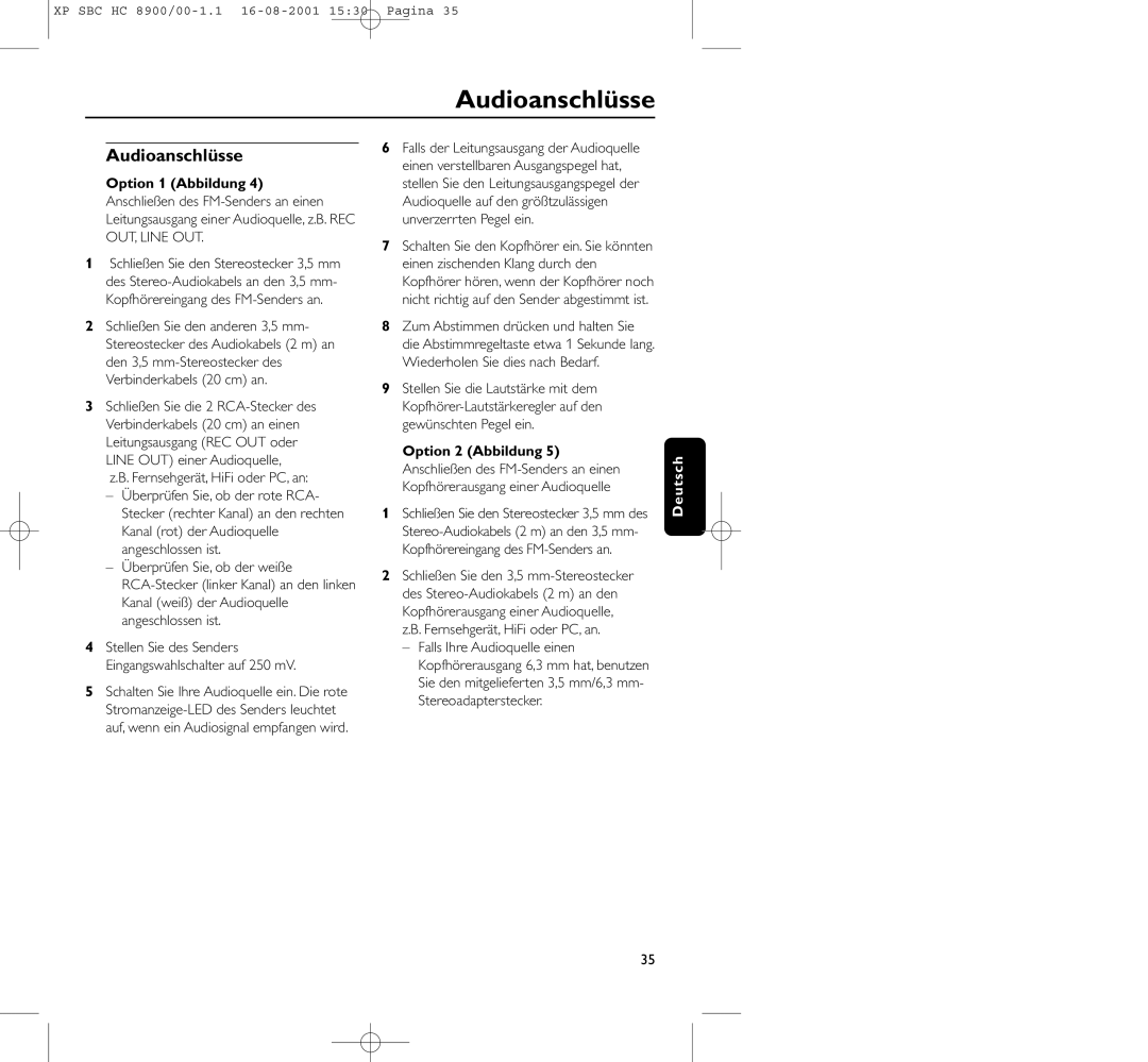 Philips HC8900 manual Audioanschlüsse, Option 1 Abbildung, Option 2 Abbildung 