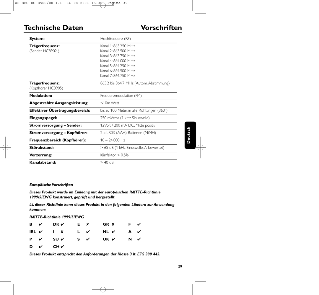 Philips HC8900 manual Technische Daten Vorschriften 