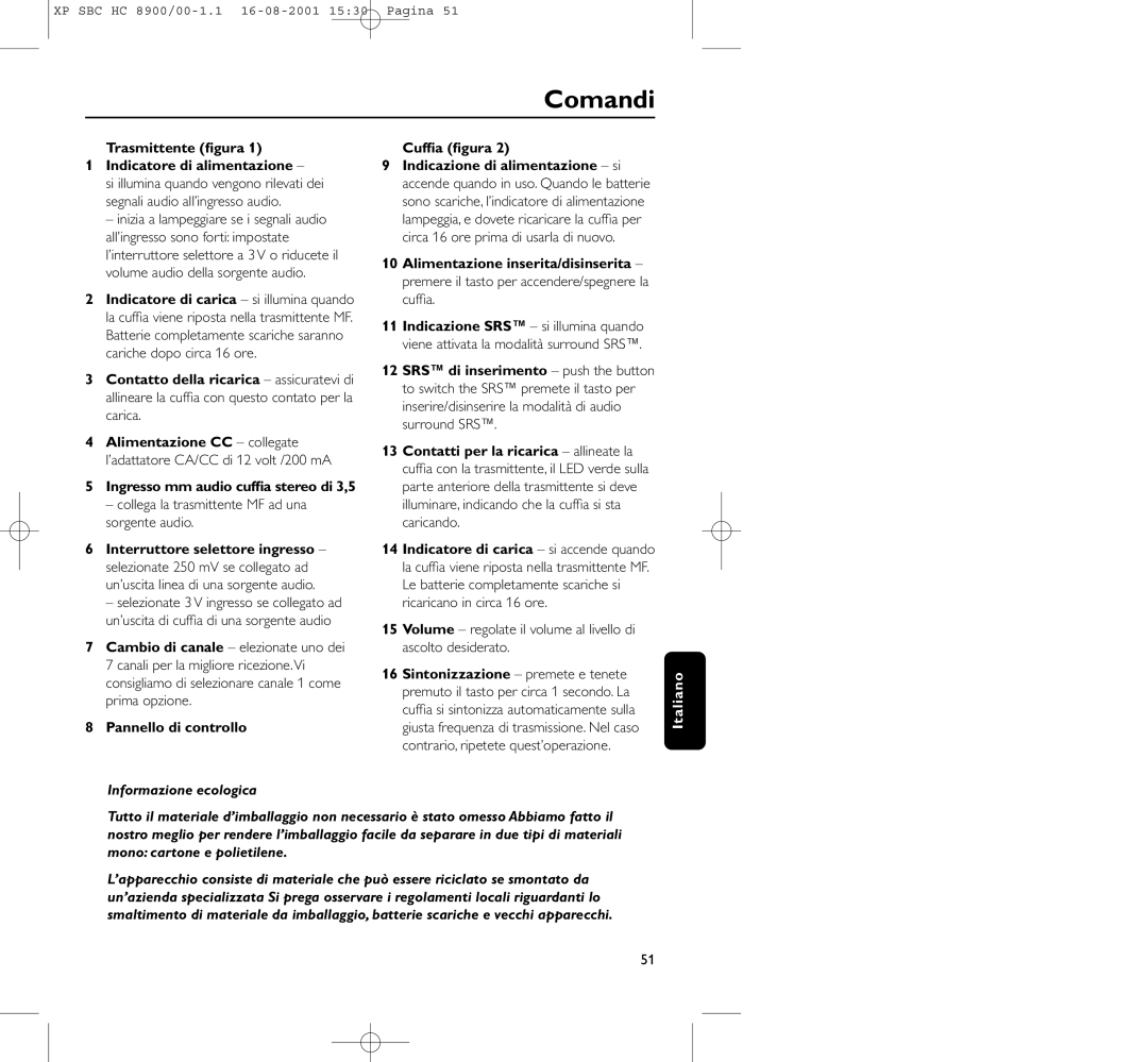 Philips HC8900 manual Comandi, Informazione ecologica 