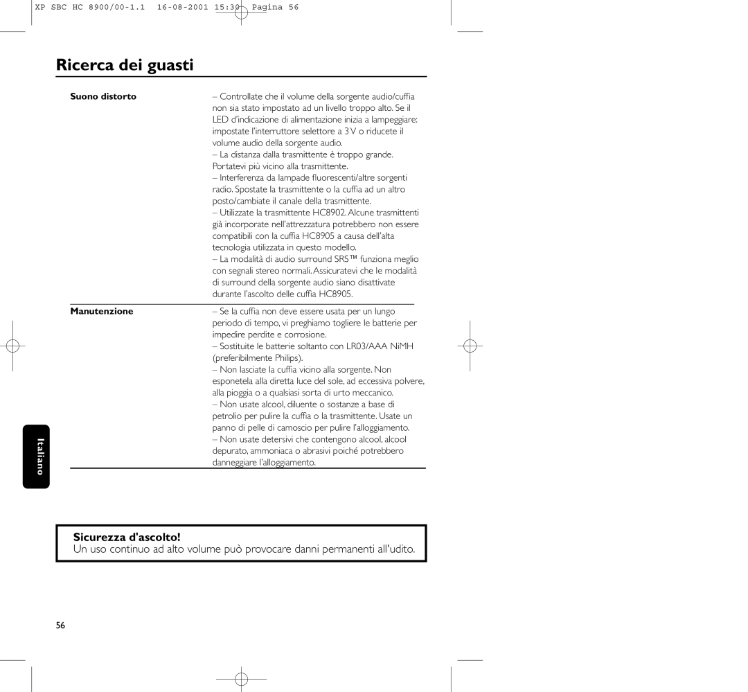 Philips HC8900 manual Sicurezza dascolto, Manutenzione 