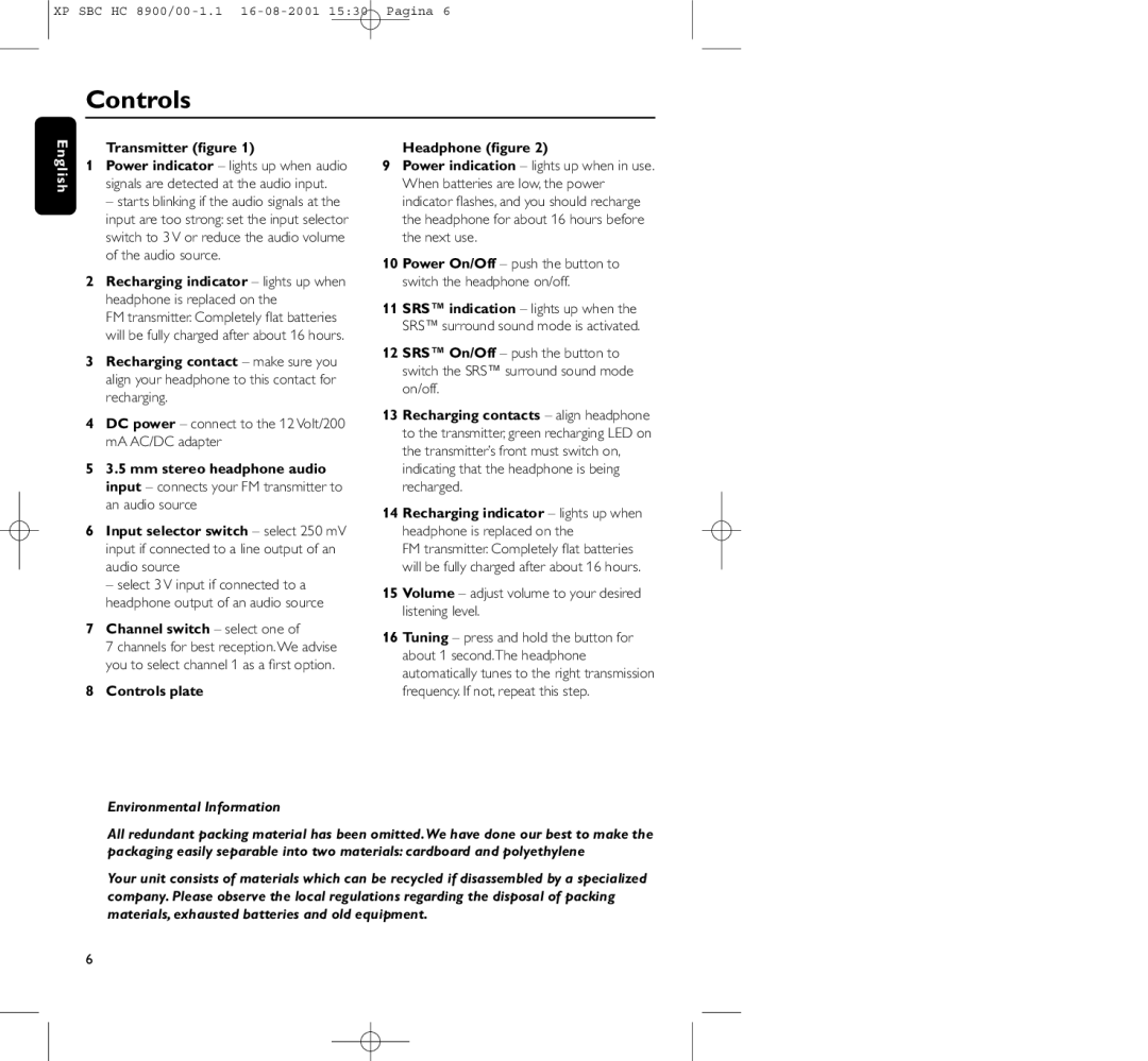 Philips HC8900 Transmitter ﬁgure, Channel switch select one, Controls plate Headphone ﬁgure, Environmental Information 