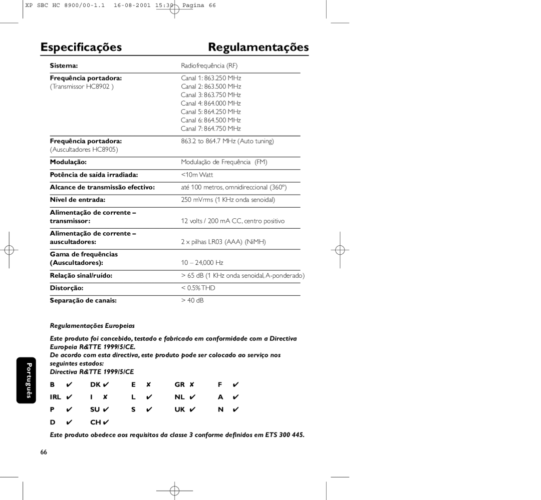 Philips HC8900 manual Especiﬁcações, Regulamentações 