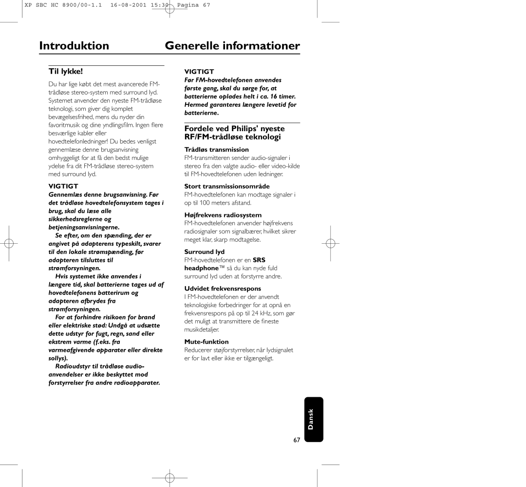 Philips HC8900 manual Introduktion Generelle informationer, Til lykke 