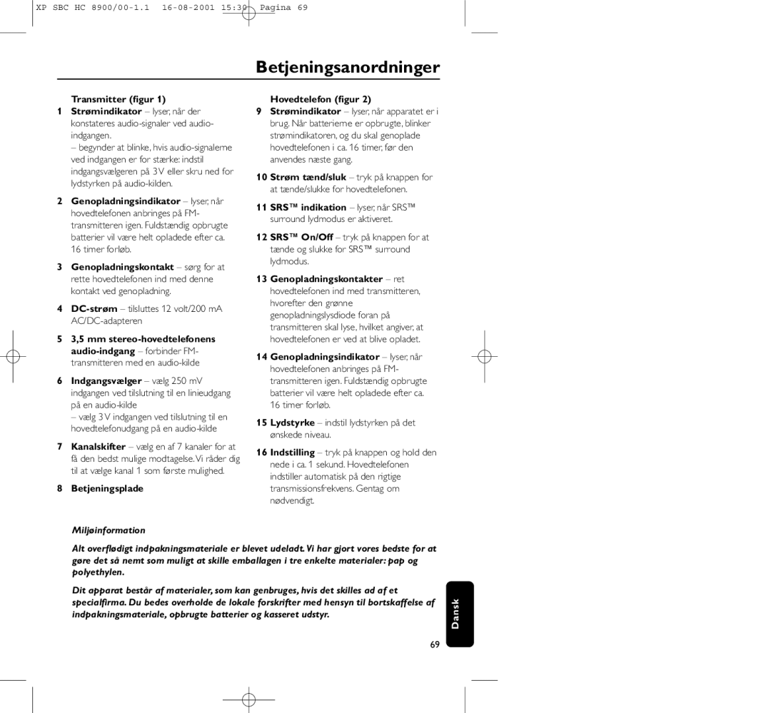 Philips HC8900 manual Transmitter ﬁgur, Timer forløb, Betjeningsplade, Miljøinformation 