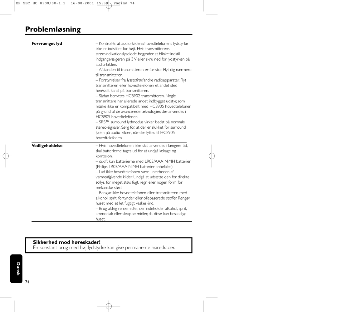 Philips HC8900 manual Sikkerhed mod høreskader, Vedligeholdelse 