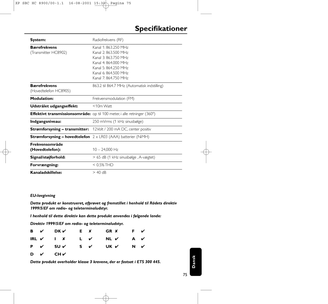 Philips HC8900 manual Speciﬁkationer 