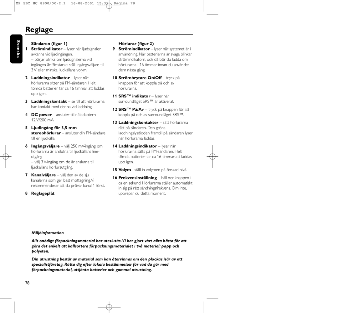 Philips HC8900 manual Sändaren ﬁgur, DC power ansluter till nätadaptern 12 V/200 mA, Reglageplåt Hörlurar ﬁgur 