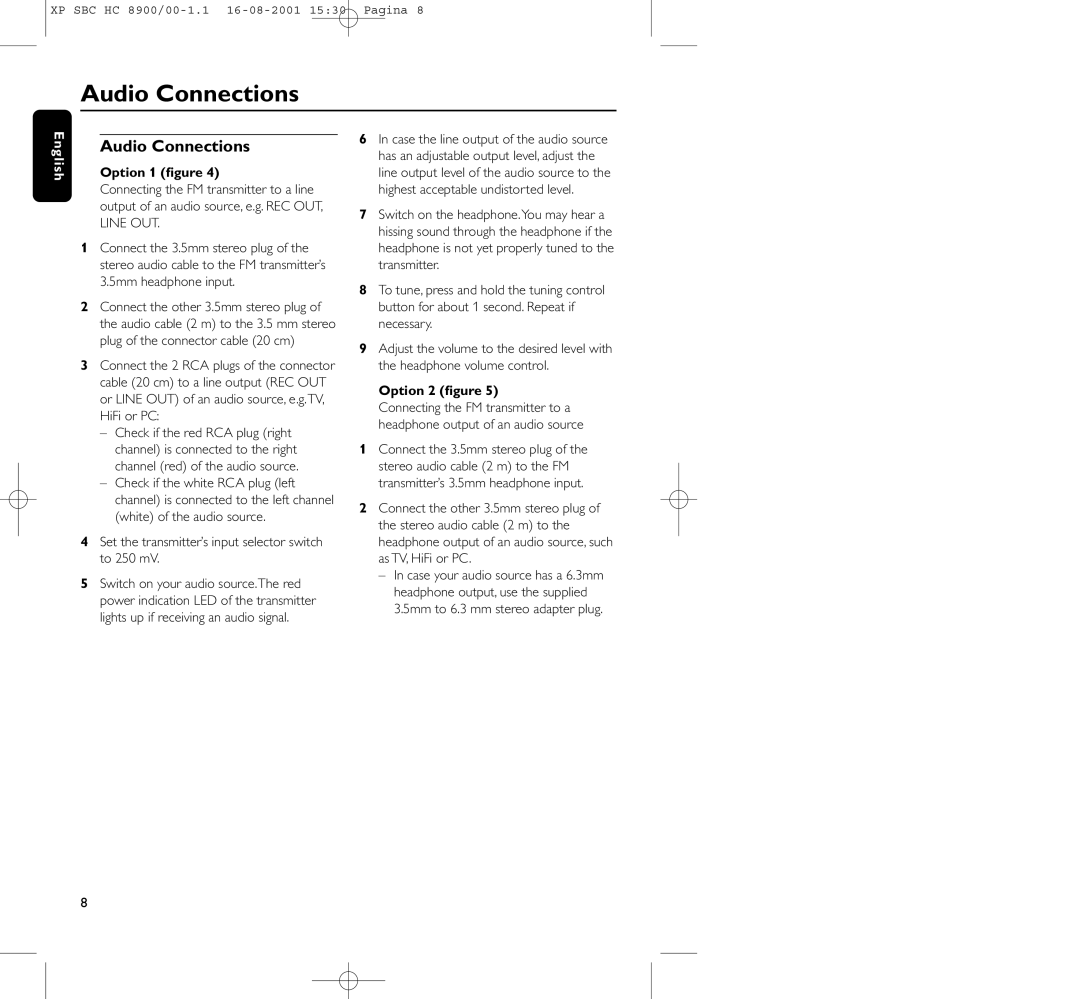 Philips HC8900 Audio Connections, Option 1 ﬁgure, Set the transmitter’s input selector switch to 250 mV, Option 2 ﬁgure 