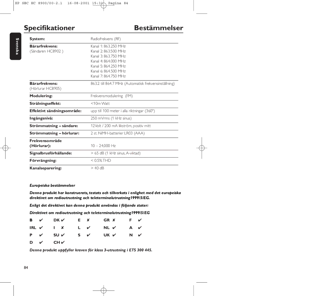 Philips HC8900 manual Speciﬁkationer Bestämmelser 