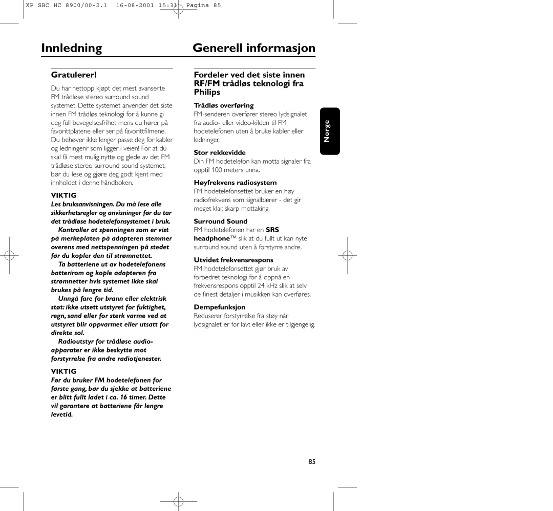 Philips HC8900 manual Innledning Generell informasjon, Gratulerer 