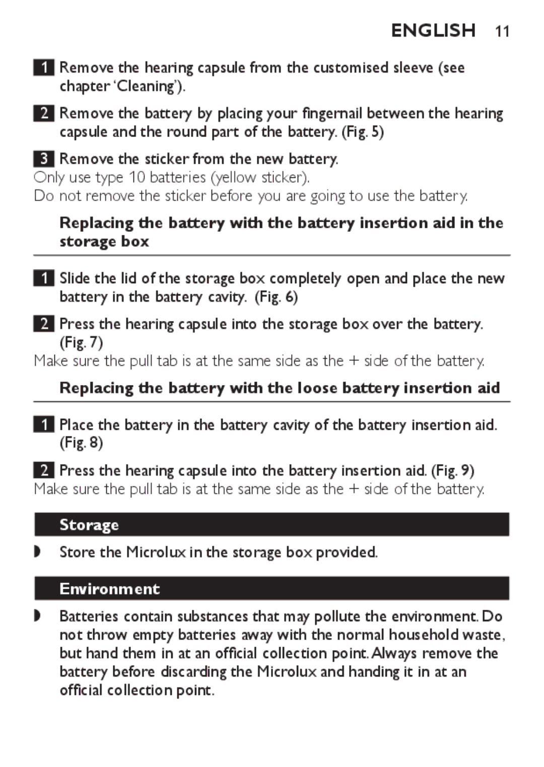 Philips HC8900 user manual Replacing the battery with the loose battery insertion aid, Storage, Environment 