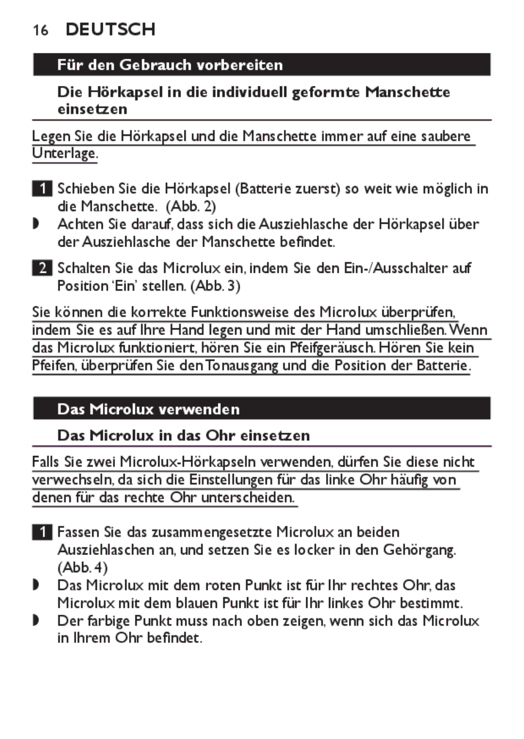 Philips HC8900 user manual Für den Gebrauch vorbereiten, Das Microlux verwenden, Das Microlux in das Ohr einsetzen 