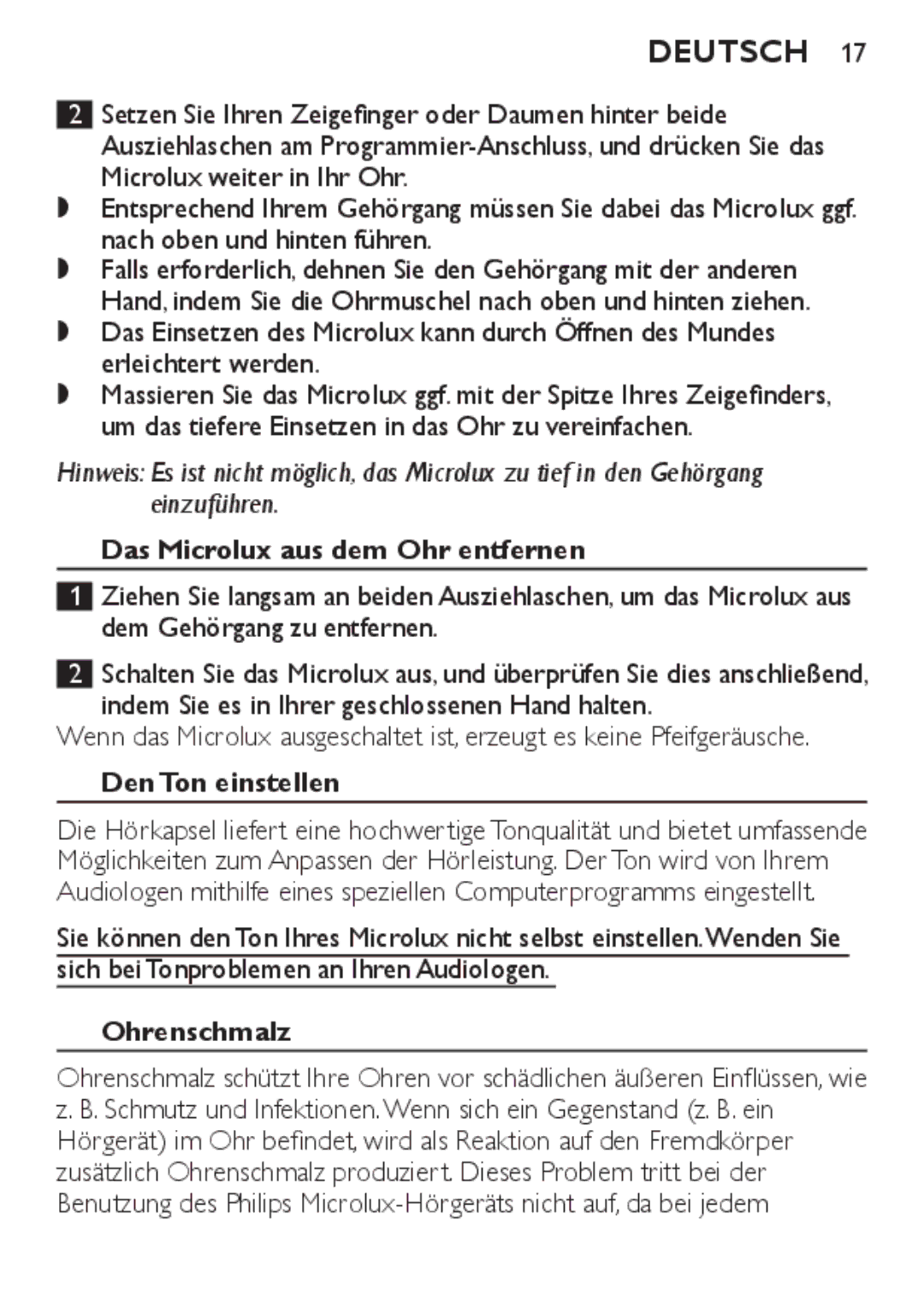 Philips HC8900 user manual Das Microlux aus dem Ohr entfernen, Den Ton einstellen, Ohrenschmalz 