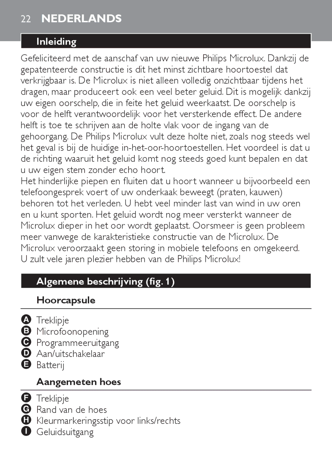 Philips HC8900 user manual Inleiding, Algemene beschrijving fig, Hoorcapsule, Aangemeten hoes 