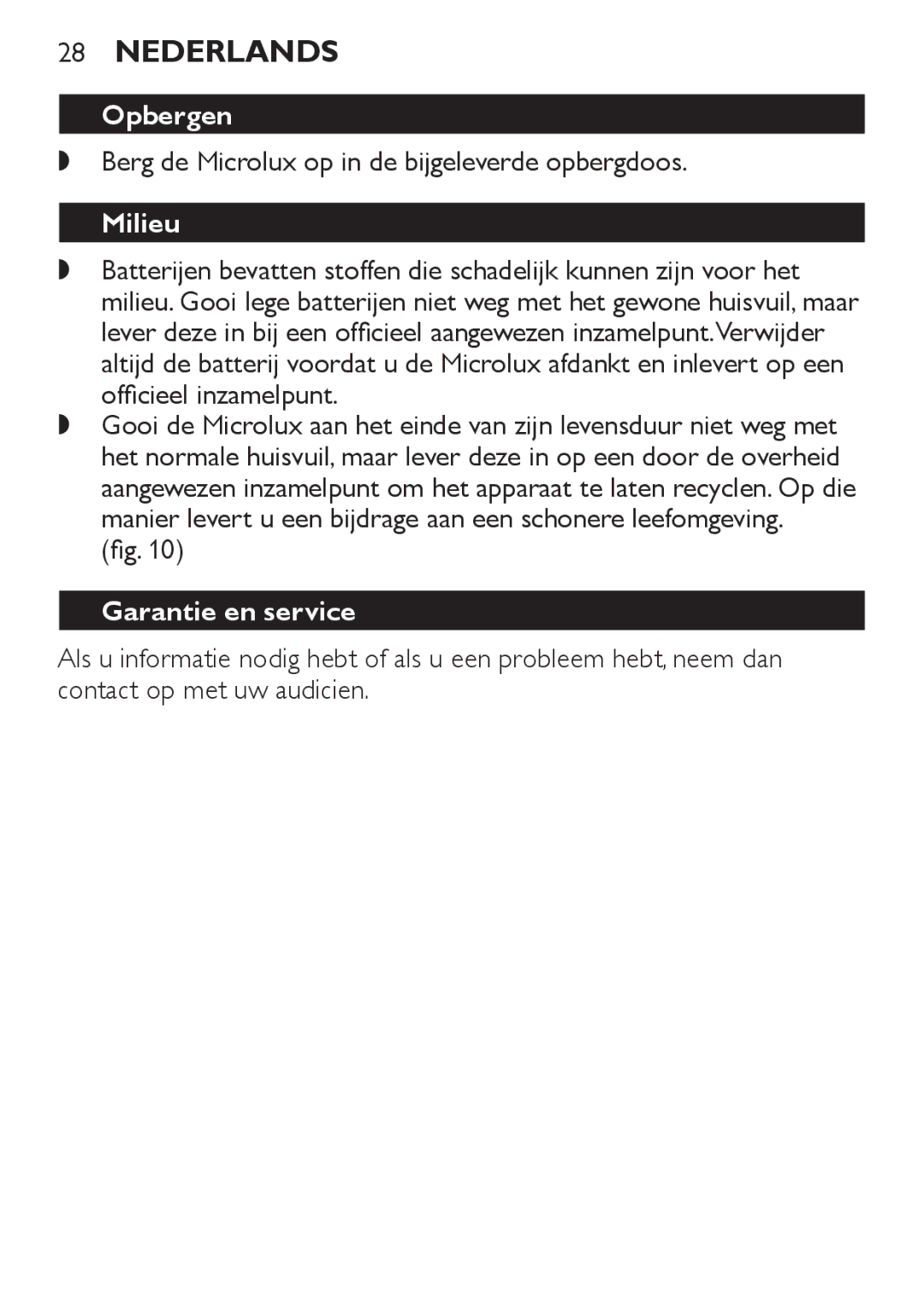 Philips HC8900 user manual Opbergen, Milieu, Garantie en service 