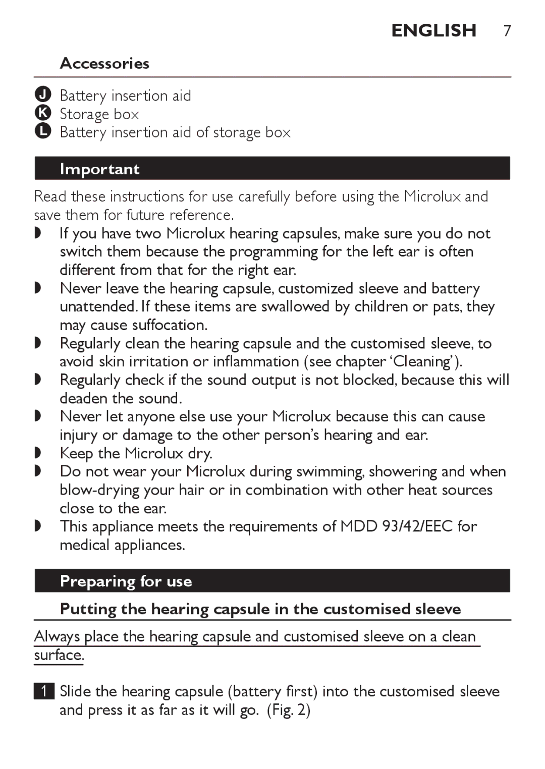 Philips HC8900 user manual Accessories, Preparing for use, Putting the hearing capsule in the customised sleeve 