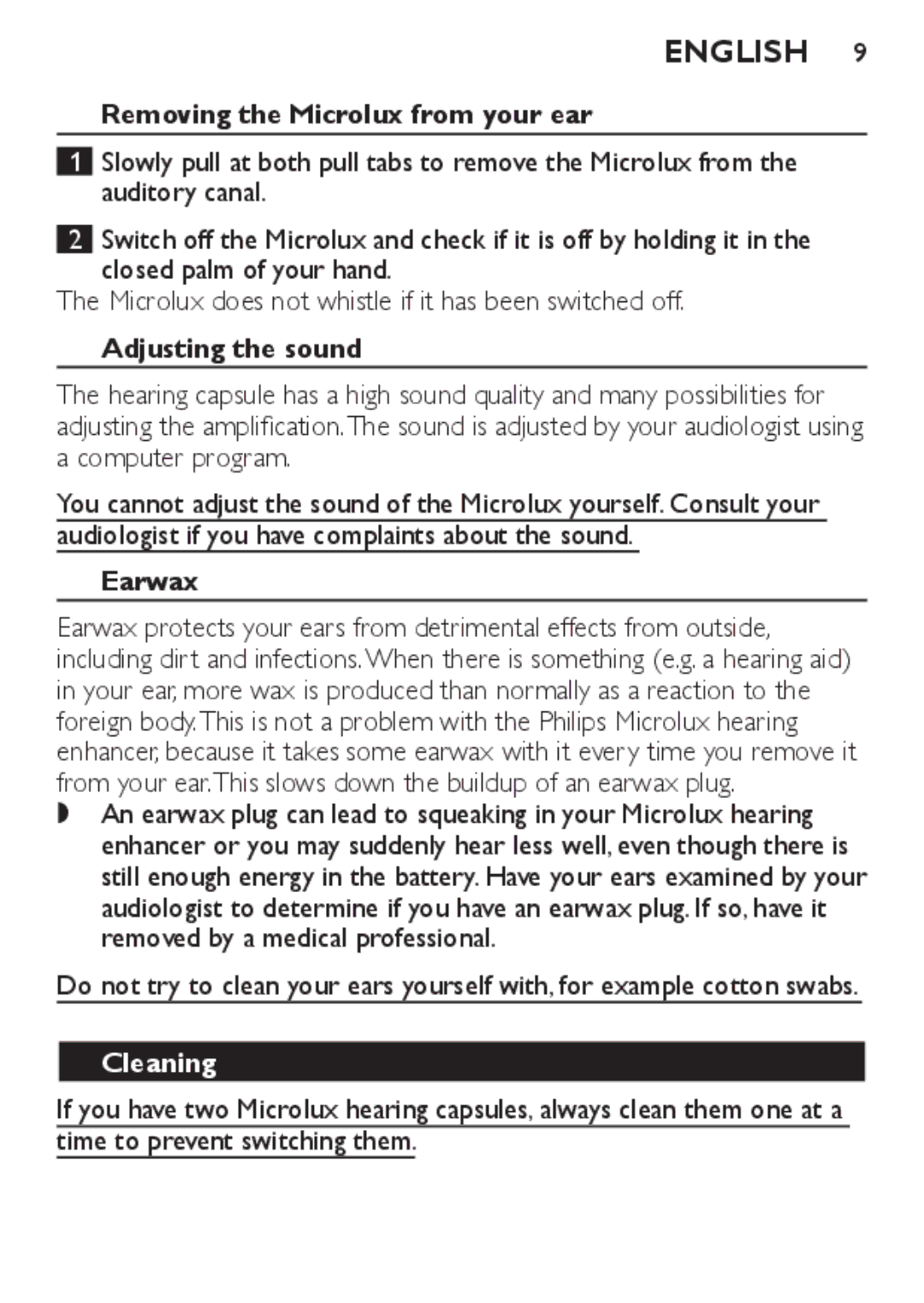 Philips HC8900 user manual Removing the Microlux from your ear, Adjusting the sound, Earwax, Cleaning 