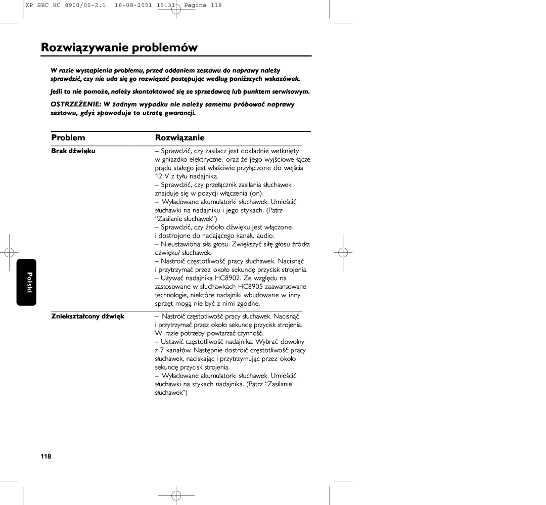 Philips HC8900 manual Rozwiązywanie problemów, Problem, Rozwiązanie, Brak dźwięku, Zniekształcony dźwięk 