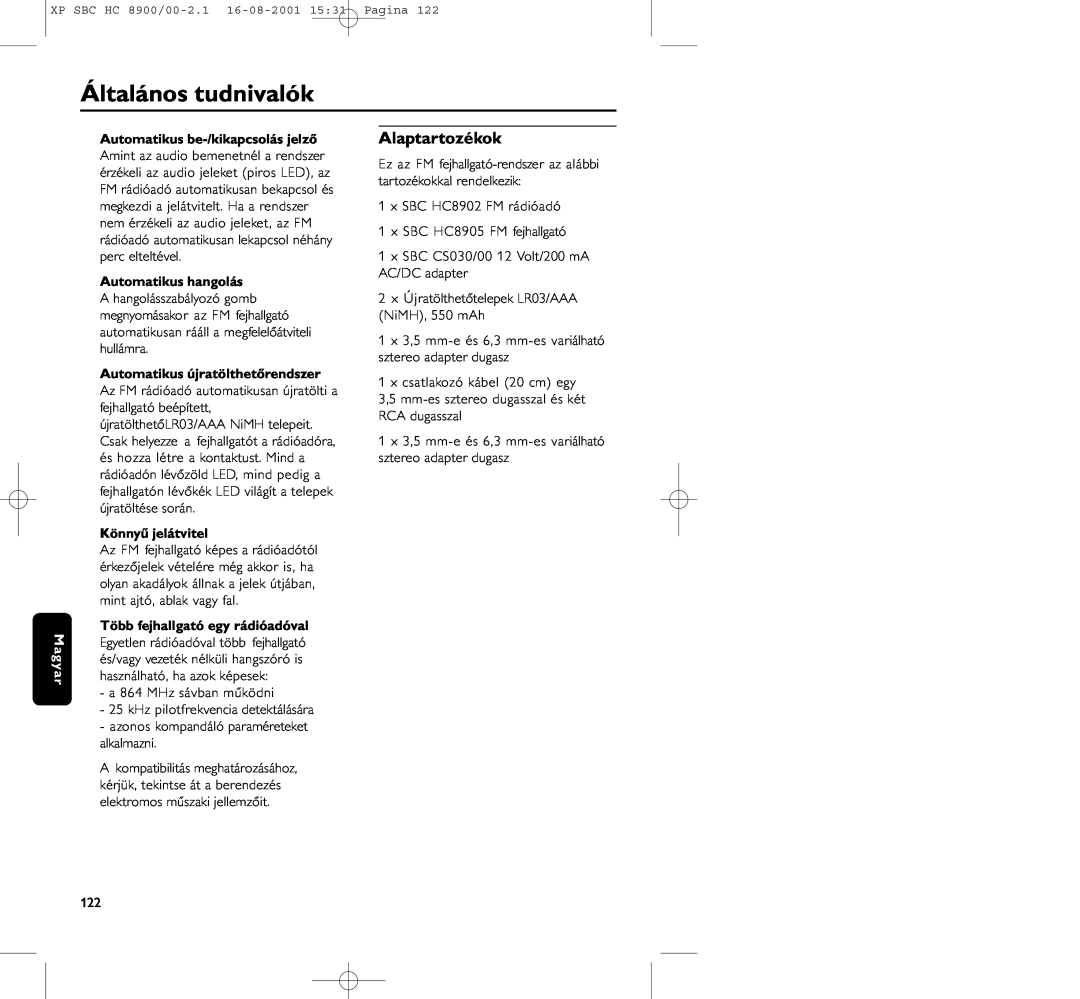 Philips HC8900 manual Általános tudnivalók, Alaptartozékok, Automatikus be-/kikapcsolásjelző, Automatikus hangolás 