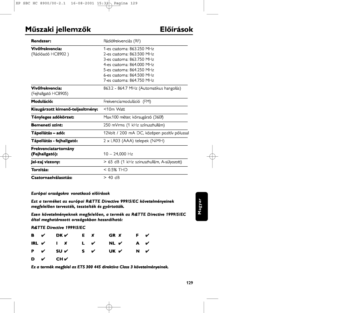 Philips HC8900 manual Műszaki jellemzők, Előírások, Rendszer, Vivőfrekvencia, Moduláció, Kisugárzott kimenő-teljesítmény 