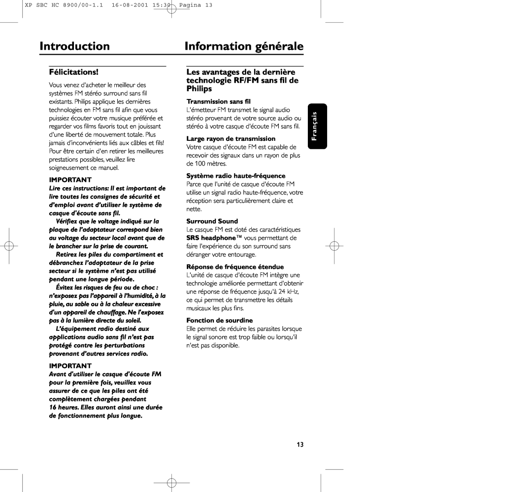 Philips HC8900 manual Information générale, Introduction, Félicitations, Transmission sans ﬁl, Large rayon de transmission 
