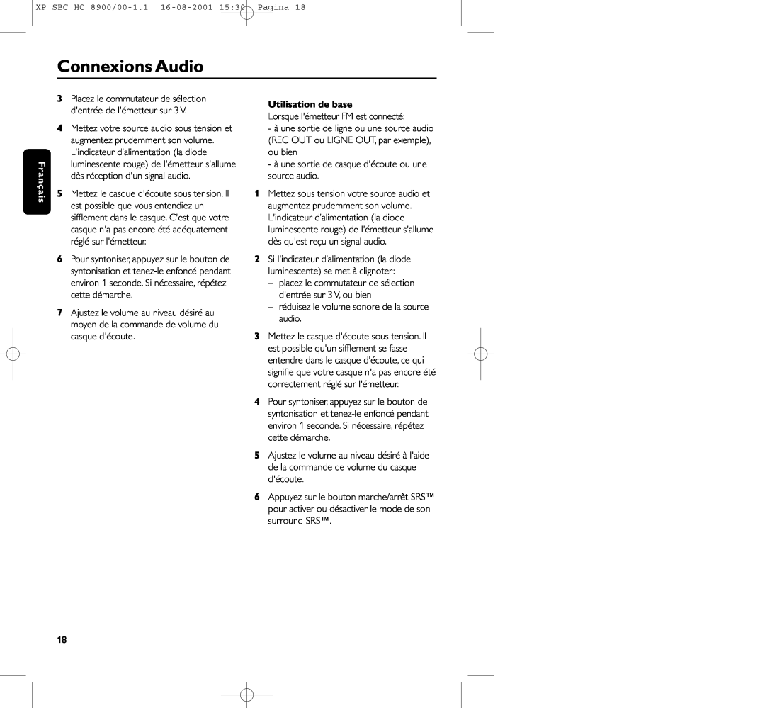 Philips HC8900 manual Connexions Audio, Utilisation de base, Lorsque lémetteur FM est connecté 