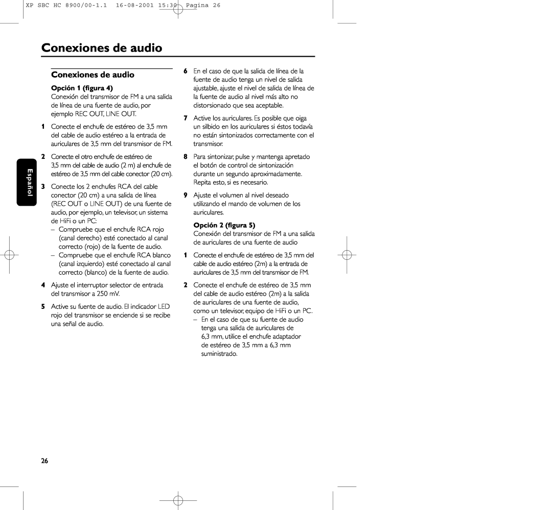 Philips HC8900 manual Conexiones de audio, Opción 1 ﬁgura, Opción 2 ﬁgura 