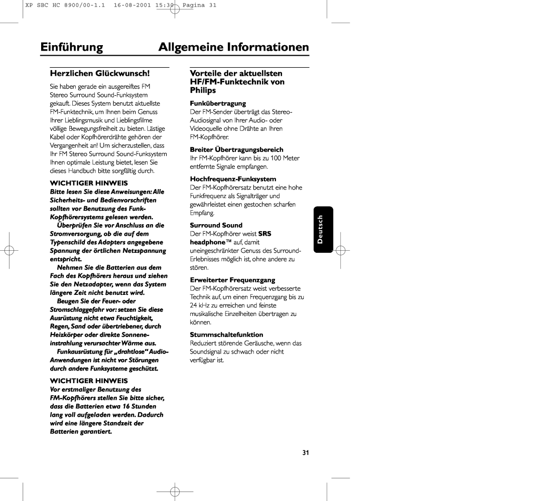 Philips HC8900 manual Einführung, Allgemeine Informationen, Herzlichen Glückwunsch, Wichtiger Hinweis, Funkübertragung 