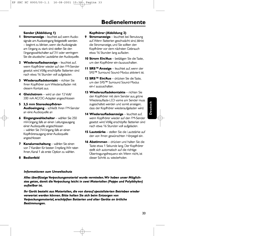 Philips HC8900 manual Bedienelemente, Sender Abbildung, 8Bedienfeld, Kopfhörer Abbildung 