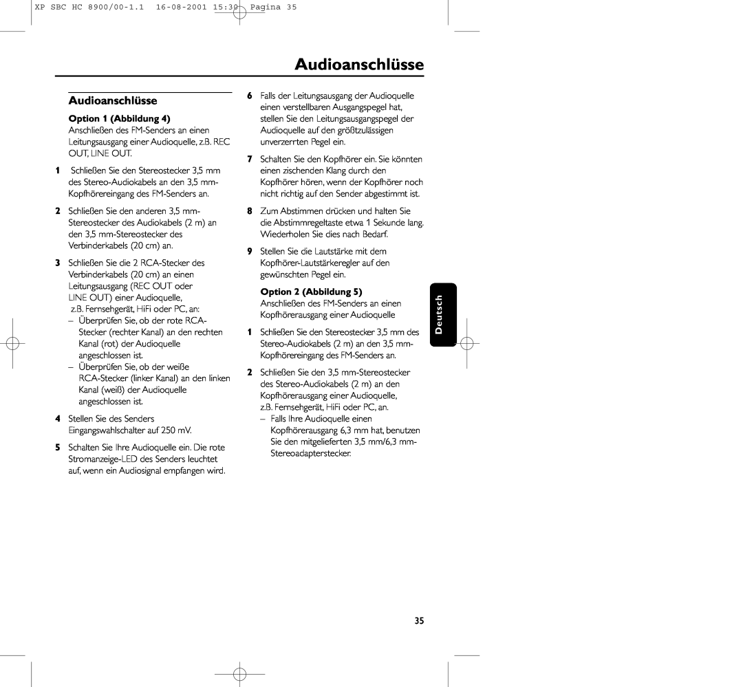 Philips HC8900 manual Audioanschlüsse, Option 1 Abbildung, Option 2 Abbildung 