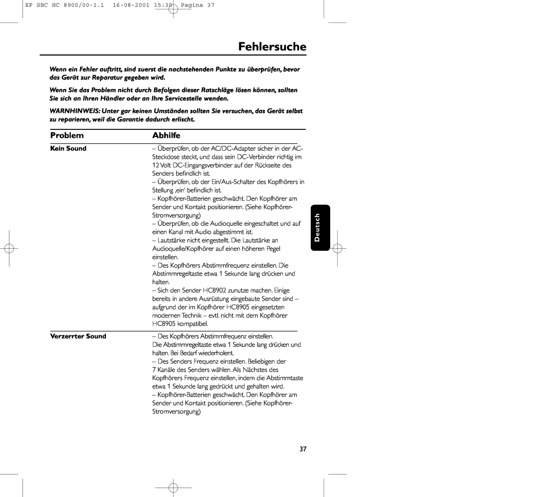 Philips HC8900 manual Fehlersuche, Problem, Abhilfe, Kein Sound, Verzerrter Sound 