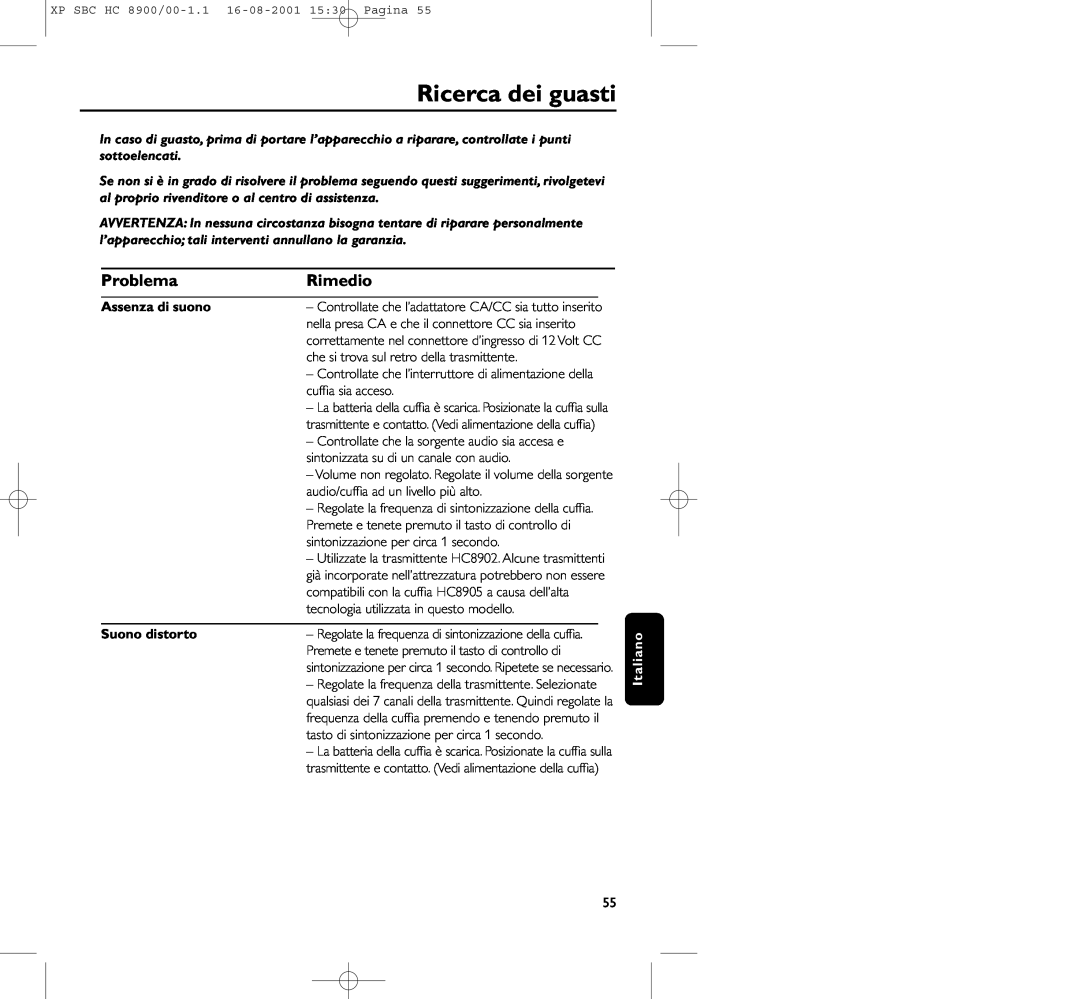 Philips HC8900 manual Ricerca dei guasti, Problema, Rimedio, Assenza di suono, Suono distorto 