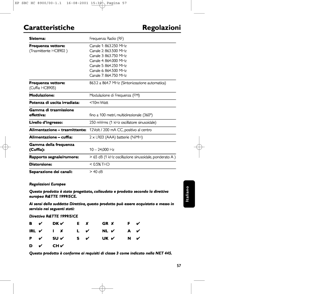 Philips HC8900 Caratteristiche, Regolazioni, Sistema, Frequenza vettore, Modulazione, Potenza di uscita irradiata, Cufﬁa 