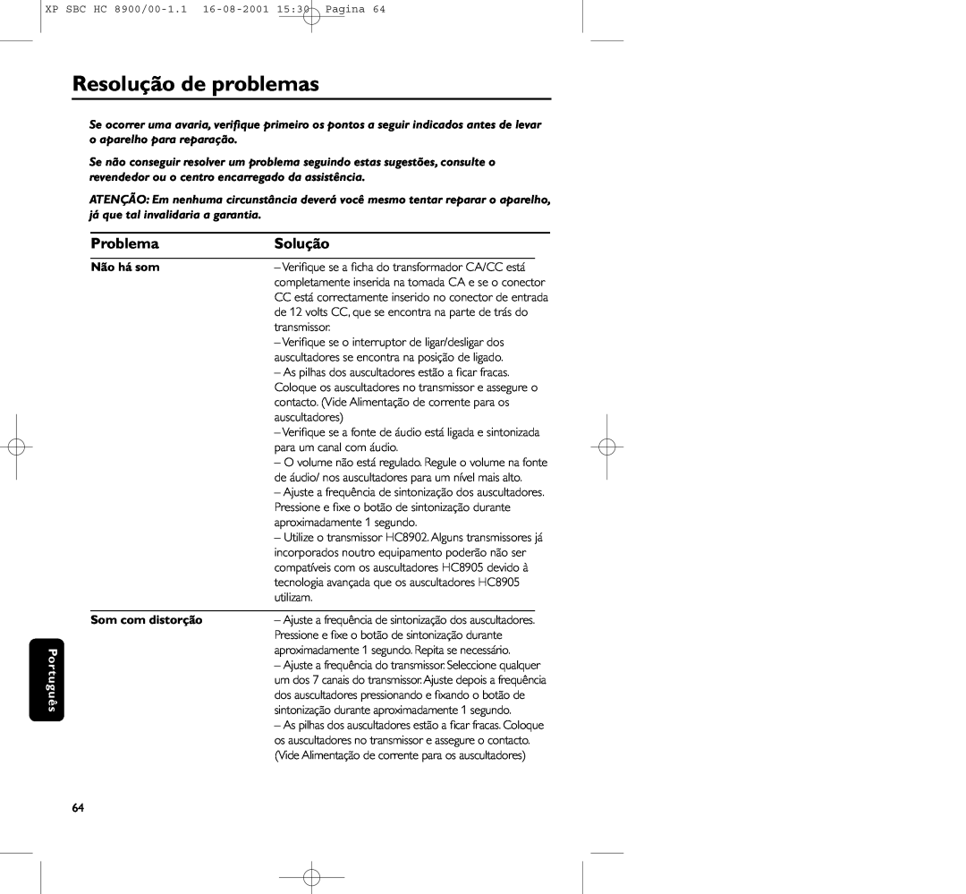 Philips HC8900 manual Resolução de problemas, Problema, Solução, Não há som, Som com distorção 