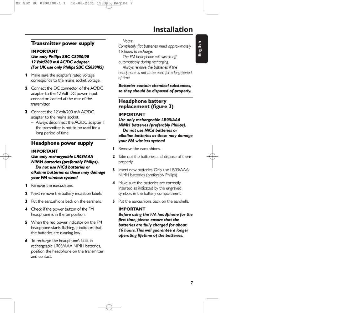 Philips HC8900 manual Installation, Transmitter power supply, Headphone power supply, Headphone battery replacement ﬁgure 