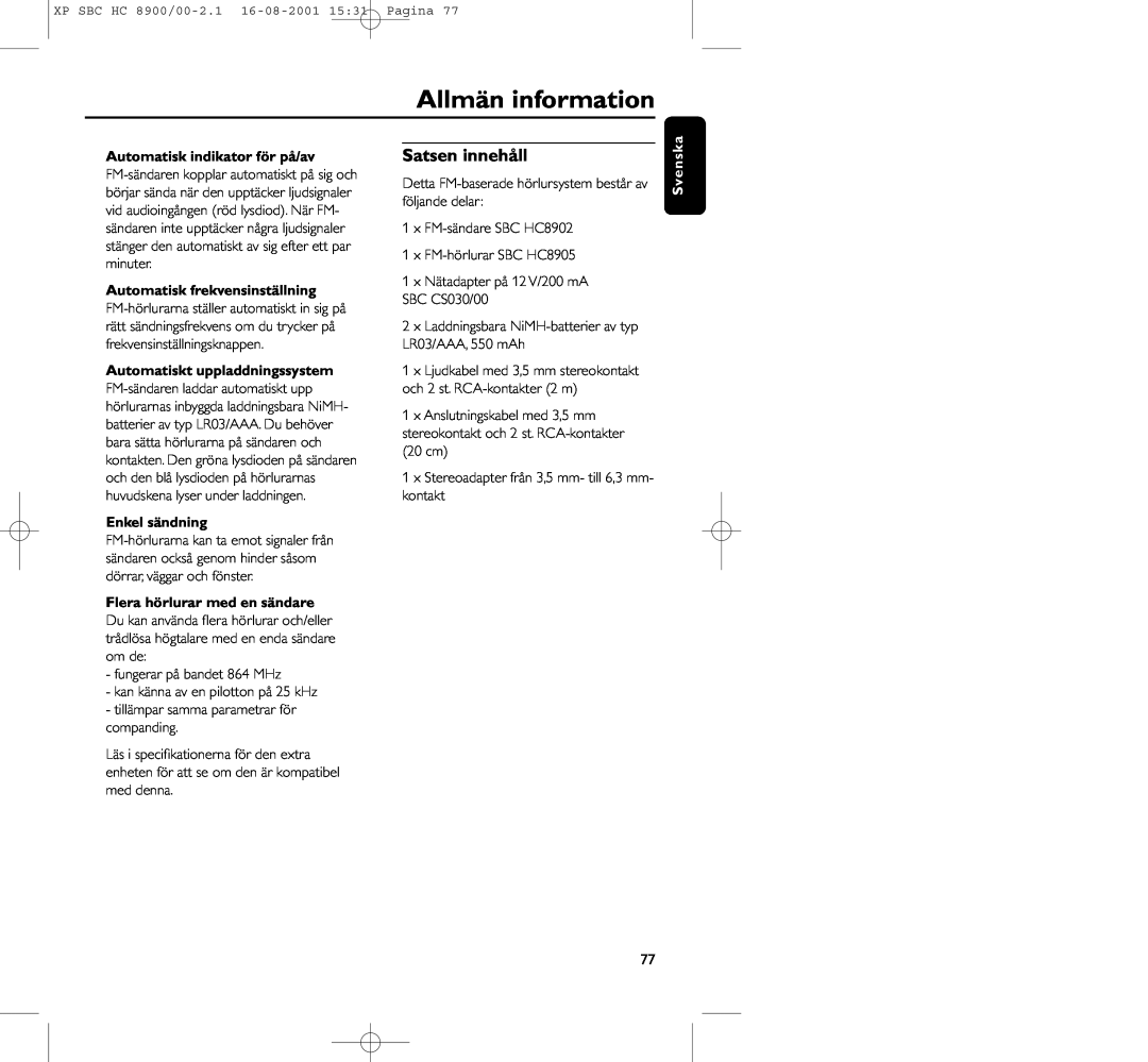 Philips HC8900 manual Allmän information, Satsen innehåll, Automatisk indikator för på/av, Automatisk frekvensinställning 