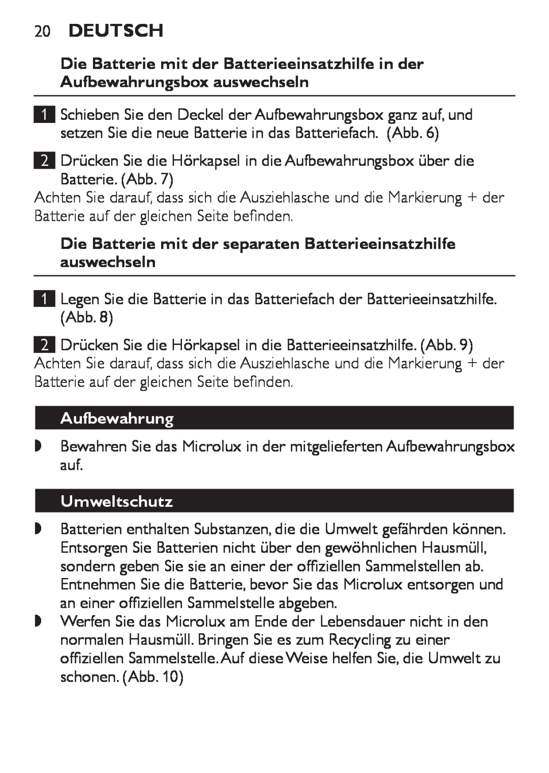 Philips HC8900 user manual 20Deutsch, Aufbewahrung, Umweltschutz 